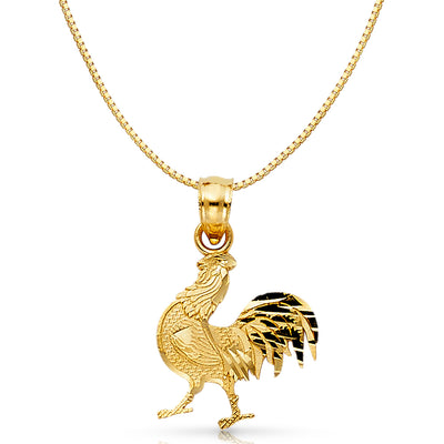14K Gold Rooster Charm Pendant with 0.8mm Box Chain Necklace