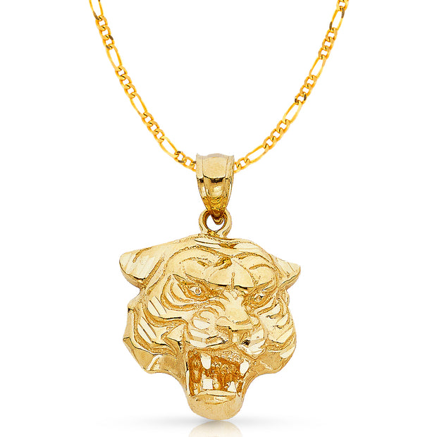 14K Gold Tiger Charm Pendant with 3.1mm Figaro 3+1 Chain Necklace