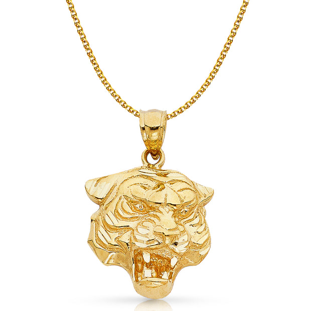 14K Gold Tiger Charm Pendant with 2mm Flat Open Wheat Chain Necklace