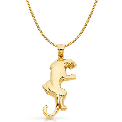 14K Gold Puma Charm Pendant with 2mm Flat Open Wheat Chain Necklace