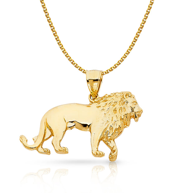 14K Gold Lion Charm Pendant with 2mm Flat Open Wheat Chain Necklace