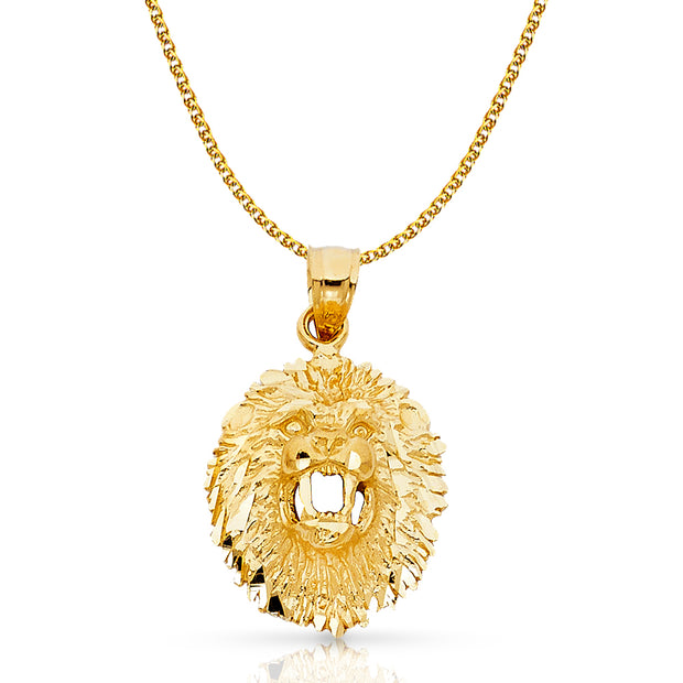 14K Gold Lion Charm Pendant with 2mm Flat Open Wheat Chain Necklace