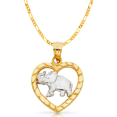 14K Gold Elephant Heart Charm Pendant with 2.3mm Figaro 3+1 Chain Necklace
