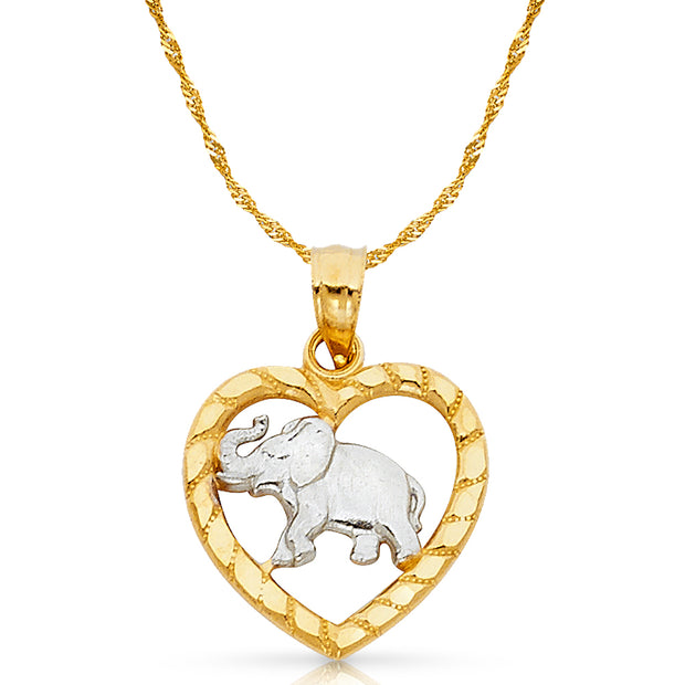 14K Gold Elephant Heart Charm Pendant with 1.2mm Singapore Chain Necklace