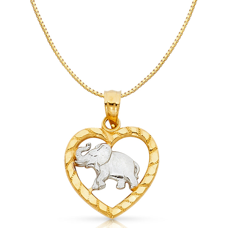 14K Gold Elephant Heart Charm Pendant with 0.8mm Box Chain Necklace