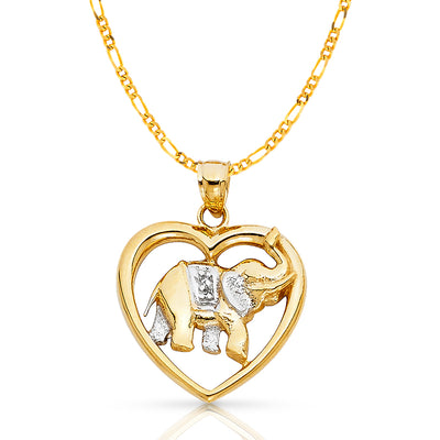 14K Gold Elephant Heart Charm Pendant with 3.1mm Figaro 3+1 Chain Necklace