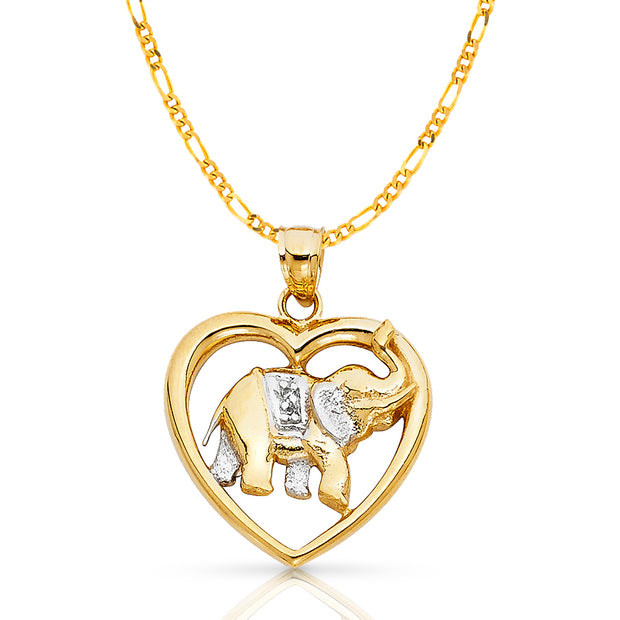 14K Gold Elephant Heart Charm Pendant with 3.1mm Figaro 3+1 Chain Necklace