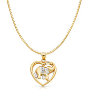 14K Gold Elephant Heart Charm Pendant with 1.2mm Box Chain Necklace