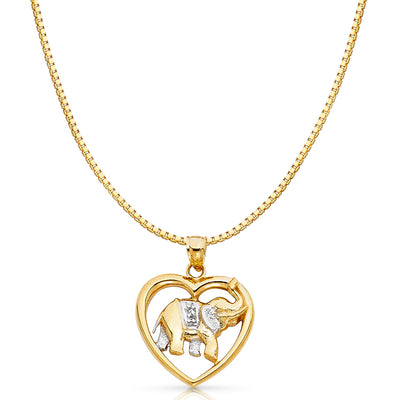 14K Gold Elephant Heart Charm Pendant with 1.2mm Box Chain Necklace