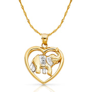 14K Gold Elephant Heart Charm Pendant with 1.8mm Singapore Chain Necklace