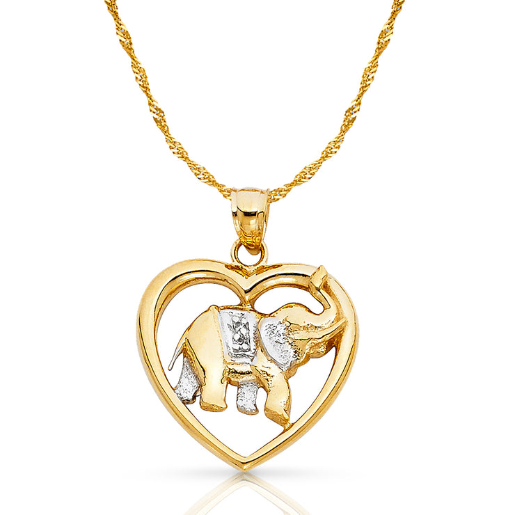 14K Gold Elephant Heart Charm Pendant with 1.8mm Singapore Chain Necklace