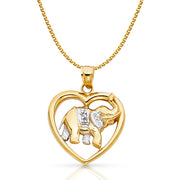 14K Gold Elephant Heart Charm Pendant with 2mm Flat Open Wheat Chain Necklace