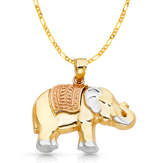 14K Gold Elephant Charm Pendant with 3.1mm Figaro 3+1 Chain Necklace