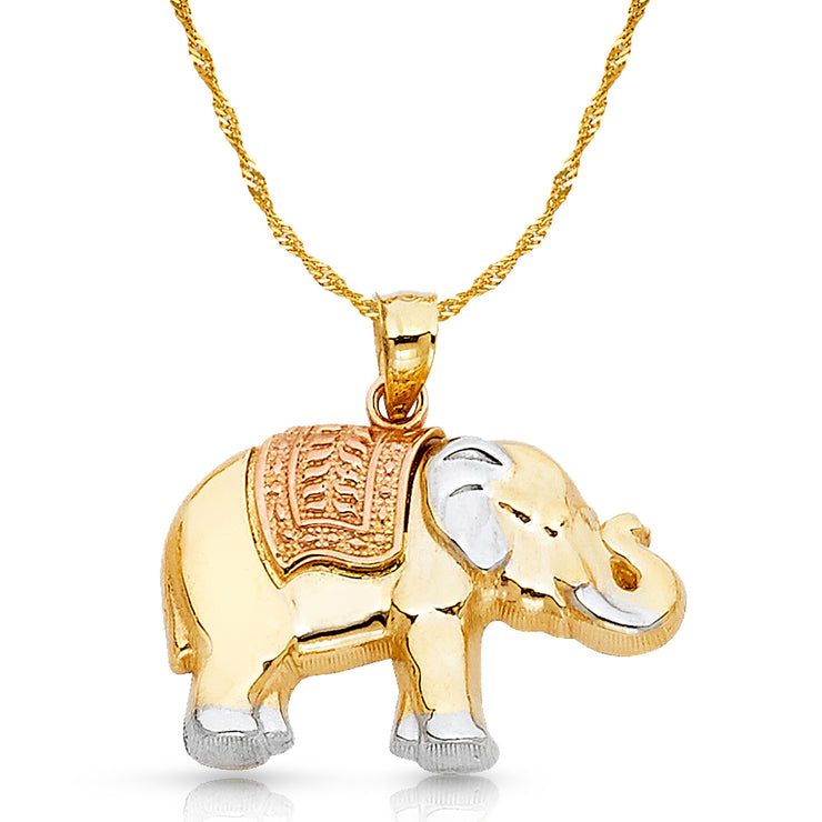 14K Gold Elephant Charm Pendant with 1.8mm Singapore Chain Necklace