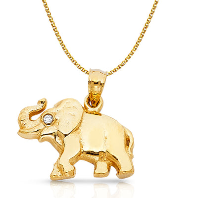 14K Gold Elephant Charm Pendant with 1.5mm Flat Open Wheat Chain Necklace
