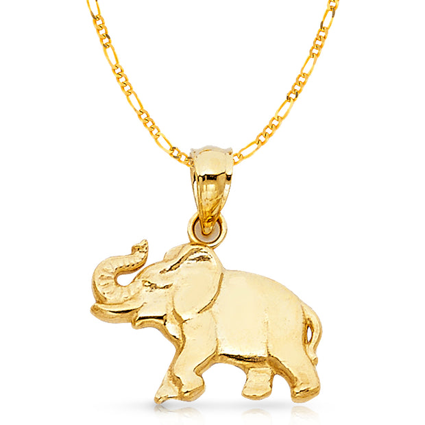14K Gold Elephant Charm Pendant with 2.3mm Figaro 3+1 Chain Necklace