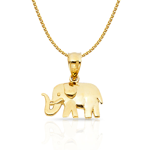 14K Gold Elephant Charm Pendant with 1.5mm Flat Open Wheat Chain Necklace