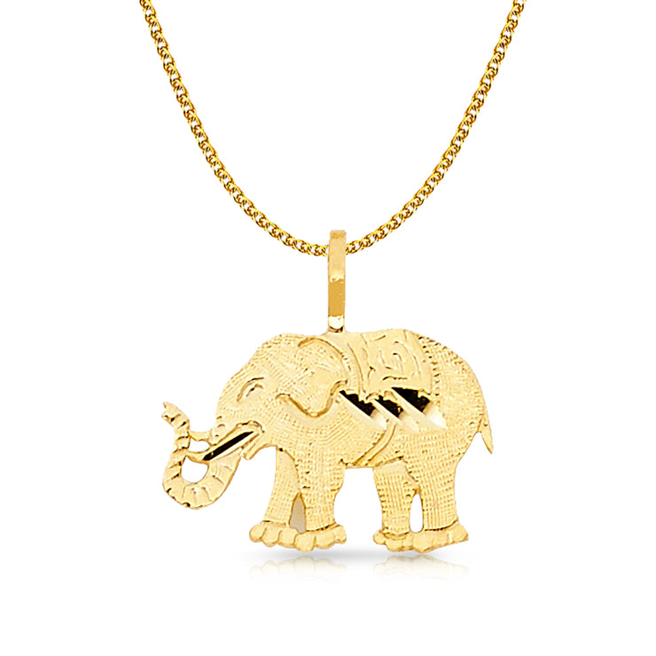 14K Gold Elephant Charm Pendant with 1.5mm Flat Open Wheat Chain Necklace