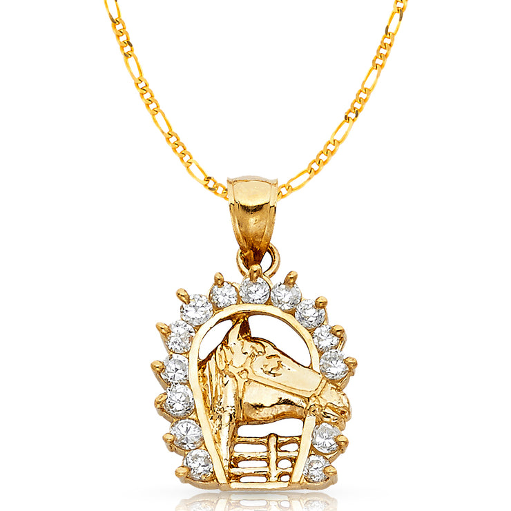 14K Gold CZ Lucky Horseshoe Charm Pendant with 3.1mm Figaro 3+1 Chain Necklace