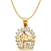 14K Gold CZ Lucky Horseshoe Charm Pendant with 2mm Flat Open Wheat Chain Necklace