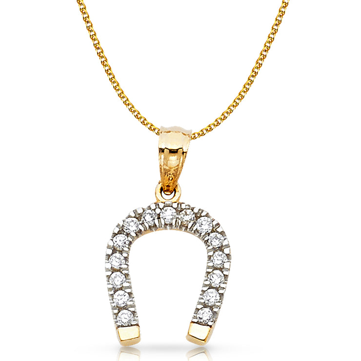 14K Gold CZ Lucky Horseshoe Charm Pendant with 1.5mm Flat Open Wheat Chain Necklace