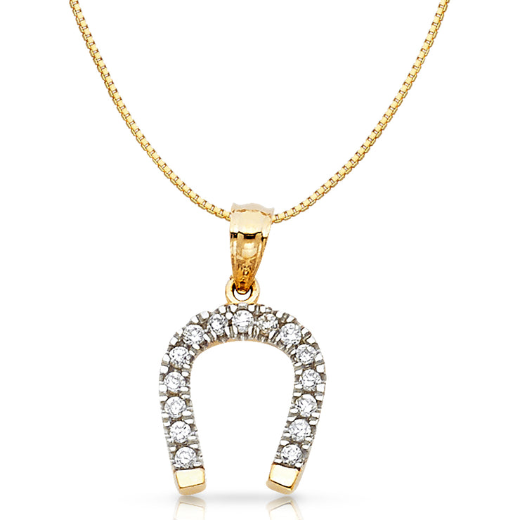 14K Gold CZ Lucky Horseshoe Charm Pendant with 0.8mm Box Chain Necklace