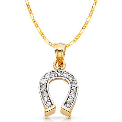 14K Gold CZ Lucky Horseshoe Charm Pendant with 2.3mm Figaro 3+1 Chain Necklace