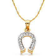 14K Gold CZ Lucky Horseshoe Charm Pendant with 1.2mm Singapore Chain Necklace