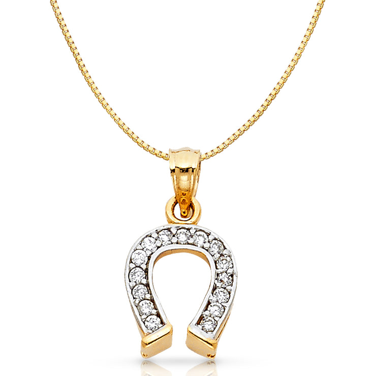 14K Gold CZ Lucky Horseshoe Charm Pendant with 0.8mm Box Chain Necklace