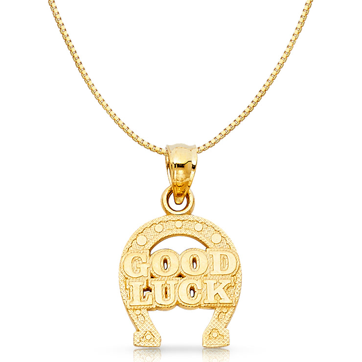 14K Gold Lucky Horseshoe Charm Pendant with 0.8mm Box Chain Necklace