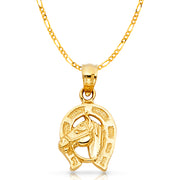 14K Gold Lucky Horseshoe Charm Pendant with 2.3mm Figaro 3+1 Chain Necklace