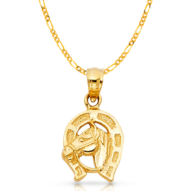 14K Gold Lucky Horseshoe Charm Pendant with 2.3mm Figaro 3+1 Chain Necklace