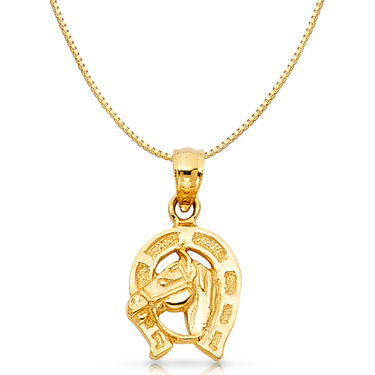 14K Gold Lucky Horseshoe Charm Pendant with 0.8mm Box Chain Necklace