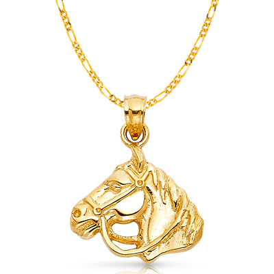 14K Gold Horse Charm Pendant with 2.3mm Figaro 3+1 Chain Necklace