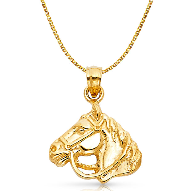 14K Gold Horse Charm Pendant with 1.5mm Flat Open Wheat Chain Necklace