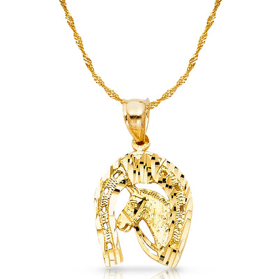 14K Gold Lucky Horseshoe Charm Pendant with 1.8mm Singapore Chain Necklace