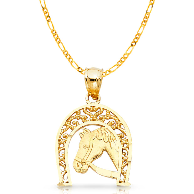 14K Gold Lucky Horseshoe Charm Pendant with 3.1mm Figaro 3+1 Chain Necklace