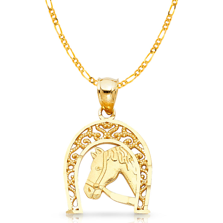 14K Gold Lucky Horseshoe Charm Pendant with 3.1mm Figaro 3+1 Chain Necklace