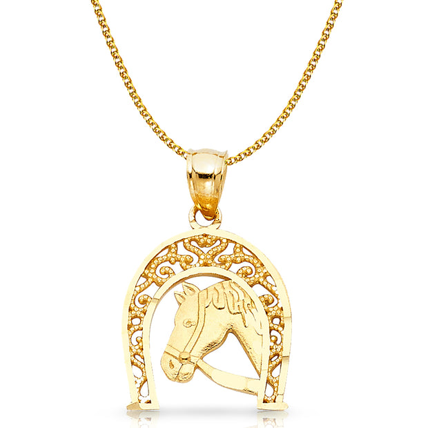 14K Gold Lucky Horseshoe Charm Pendant with 1.7mm Flat Open Wheat Chain Necklace