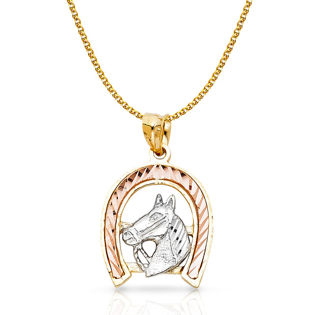 14K Gold Lucky Horseshoe Charm Pendant with 1.7mm Flat Open Wheat Chain Necklace