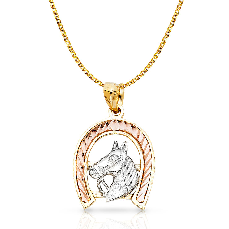 14K Gold Lucky Horseshoe Charm Pendant with 1.7mm Flat Open Wheat Chain Necklace