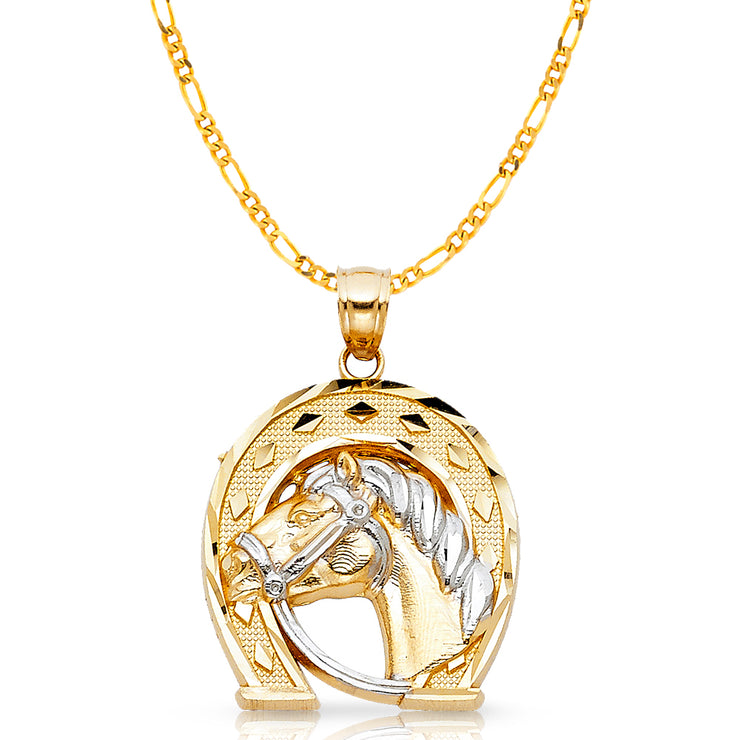 14K Gold Lucky Horseshoe Charm Pendant with 3.1mm Figaro 3+1 Chain Necklace