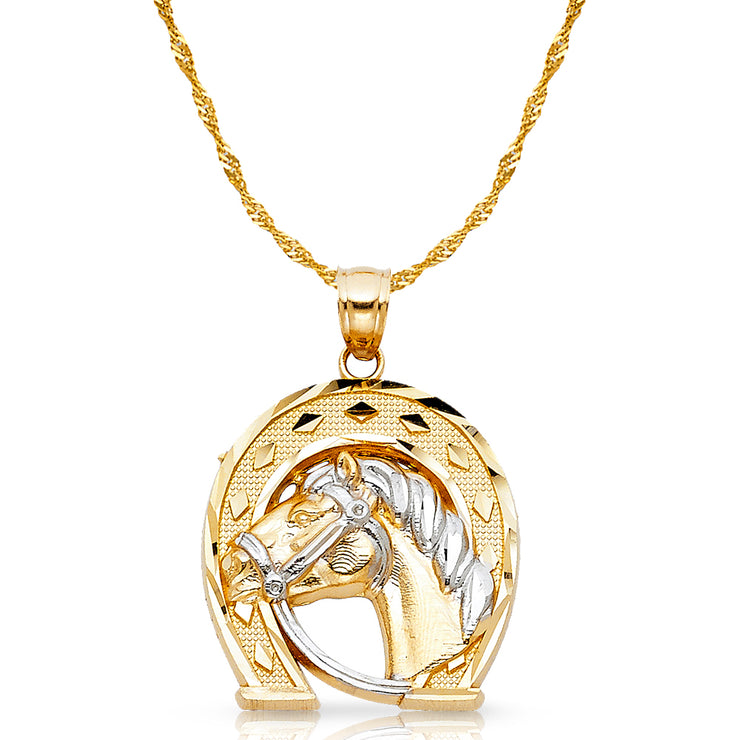 14K Gold Lucky Horseshoe Charm Pendant with 1.8mm Singapore Chain Necklace