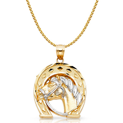 14K Gold Lucky Horseshoe Charm Pendant with 2mm Flat Open Wheat Chain Necklace