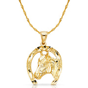 14K Gold Lucky Horseshoe Charm Pendant with 1.8mm Singapore Chain Necklace