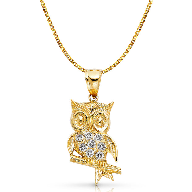 14K Gold CZ Owl Charm Pendant with 2mm Flat Open Wheat Chain Necklace