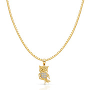 14K Gold CZ Owl Charm Pendant with 1.2mm Box Chain Necklace