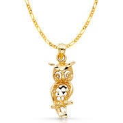 14K Gold Owl Charm Pendant with 2.3mm Figaro 3+1 Chain Necklace