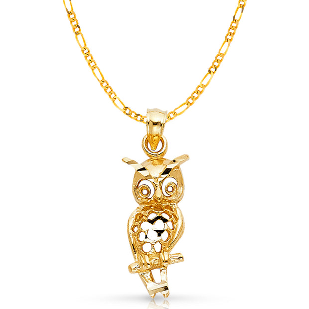 14K Gold Owl Charm Pendant with 2.3mm Figaro 3+1 Chain Necklace