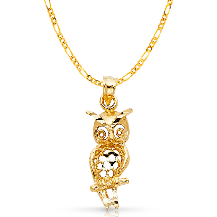 14K Gold Owl Charm Pendant with 2.3mm Figaro 3+1 Chain Necklace